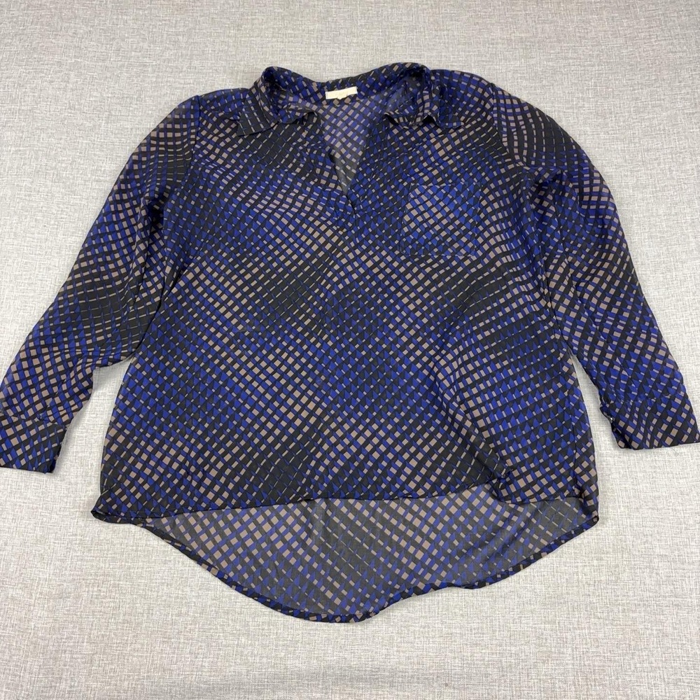 Anthropologie Pleione Blouse Womens M Blue Long Sleeve Geometric Sheer Tunic Top